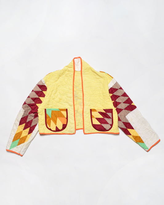 Yellow Psychedelic Star Quilt Cropped Jacket #2 (S)