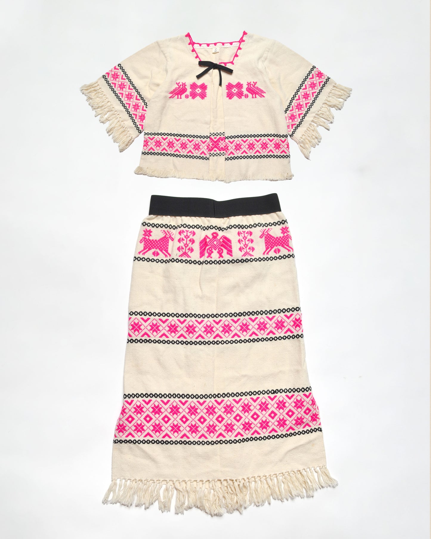 Upcycled Blanket Short-Sleeve Cardigan & Skirt Set