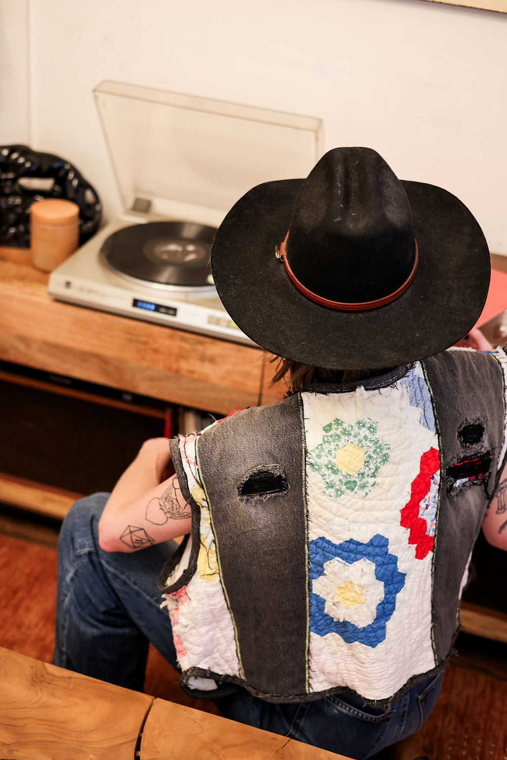 Colorful Quilt Vest with Black Denim Ties (M)