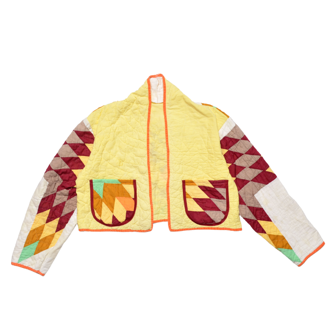 Yellow Psychedelic Star Quilt Cropped Jacket #2 (S)