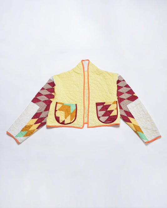 Yellow Psychedelic Star Quilt Cropped Jacket #1 (L)